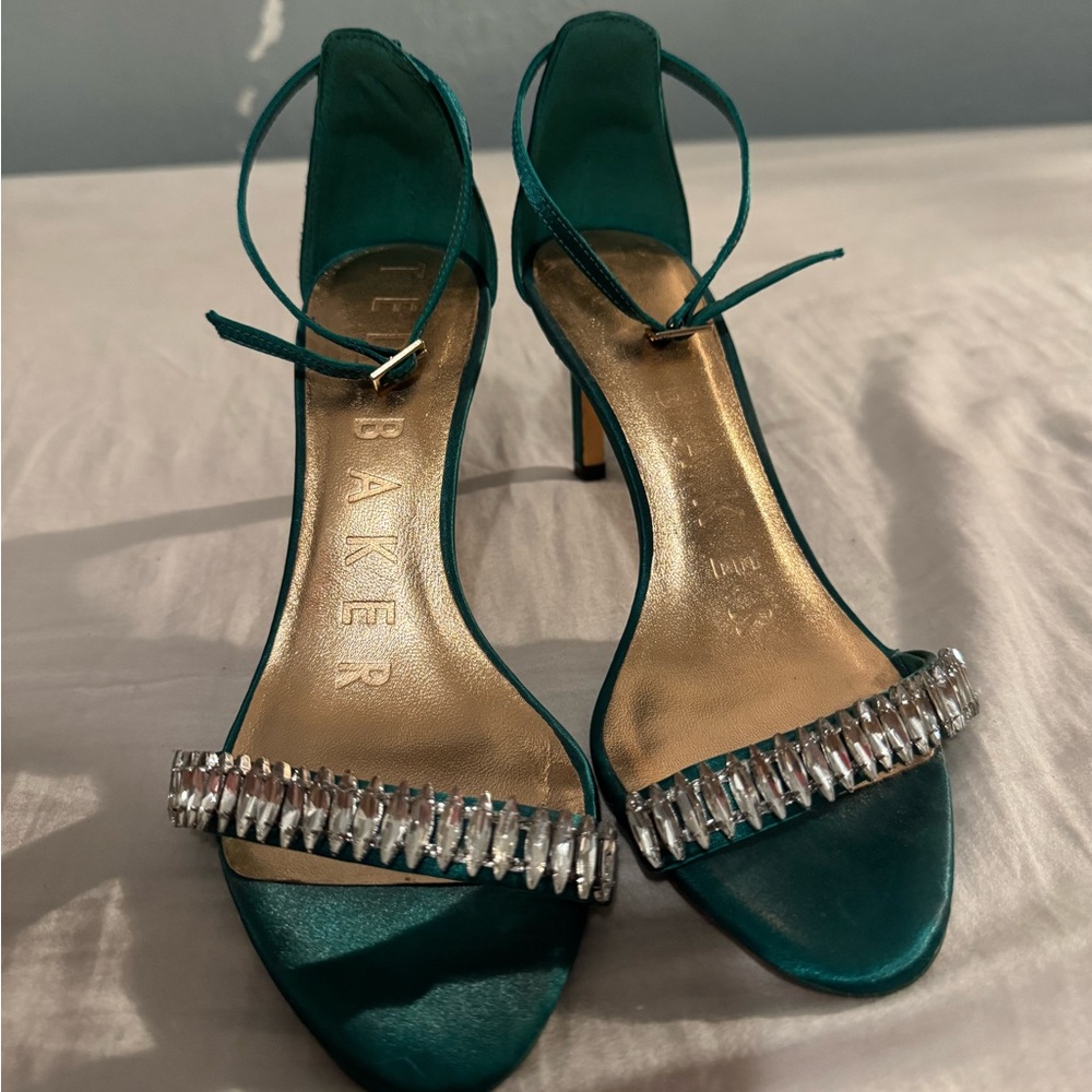 Ted Baker Green Satin Heels with Crystal Accents